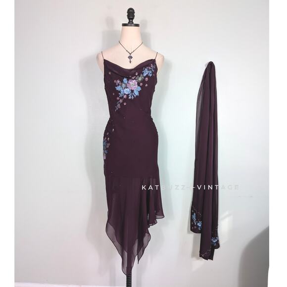 Vintage Papell Silk Midi Dress Cocktail Gown 6 Purple Y2K Fairy Floral Bead Slip - Picture 1 of 15